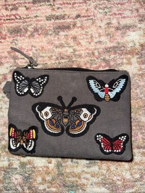 grey butterfly clutch wristlet canvas zipper pouch embroidered
